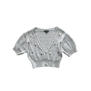 Baby Blue Crotchet Cardigan Womens Small Embroidered Floral Cottagecore Twee